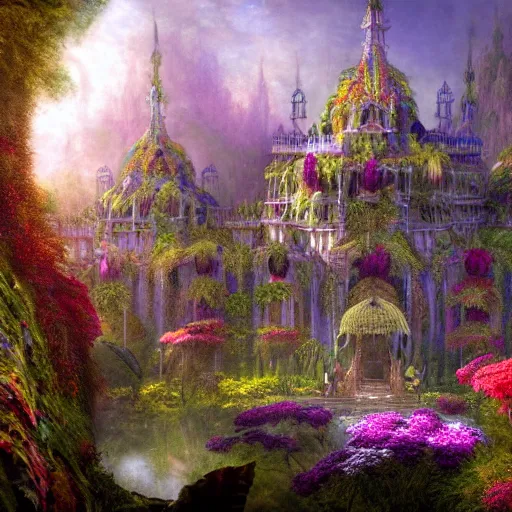 Prompt: a beautiful and highly detailed matte painting of a beautiful dream palace in a magical fantasy forest garden, colorful flowers, psychedelic, epic scale, insanely complex, hyperdetailed, sharp focus, hyperrealism, artstation, cgsociety, 8 k, bright colors, by caspar friedrich, albert bierstadt, james gurney, brian froud,