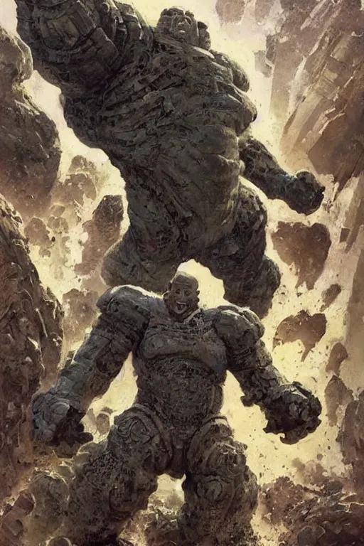 Prompt: full body portrait of martyn ford as huge golem attacking spaceship, dynamic action, by norman rockwell, jack kirby, jon berkey, earle bergey, craig mullins, ruan jia, jeremy mann, tom lovell, marvel, astounding stories, 5 0 s pulp illustration, scifi, fantasy