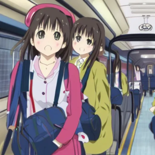 Prompt: Two Japanese high school girls going home on a train, by Kyoto Animation