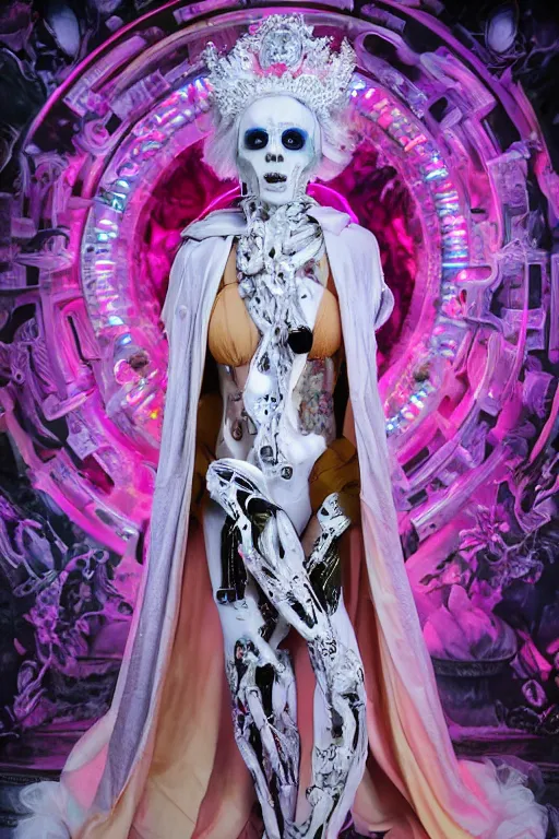 Prompt: photo of full-body baroque and cyberpunk delicate neon crystalline sculpture of ((beautiful feminie albino princess Latina)) as an onyx humanoid deity wearing ((peach plastic hooded cloak)) (holding an onyx skull) in a onyx aztec temple, reclining, glowing blue face, crown of (pink lasers), large blue diamonds, swirling black silk fabric. futuristic elements. oozing glowing liquid, full-length view. space robots. intricate artwork by caravaggio. Trending on artstation, octane render, cinematic lighting from the right, hyper realism, photorealistic, octane render, 8k, depth of field, 3D