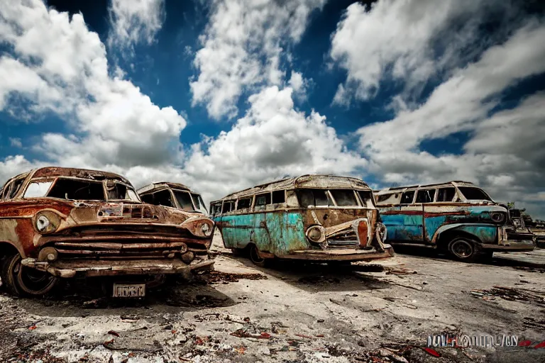 Image similar to wide angle shot of dilapidated fallout 5 miami, tropical coastal city, desolate, dilapidated, just a rusted retro futuristic vintage parked vehicles like cars, buses, trucks, trams, sunny weather, few clouds, volumetric lighting, photorealistic, daytime, spring, sharp focus, ultra detailed, technicolour 1