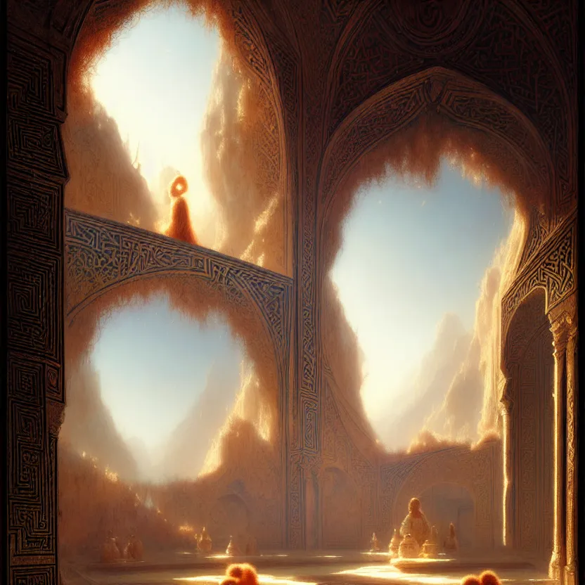 Prompt: magic fluffy Persian carpet & mirror dimension, vertical labyrinth structure, vast vistas, by Greg Rutkowski and Gaston Bussiere, dim lighting, beautiful volumetric-lighting-style atmosphere, surreal atmosphere, intricate, detailed, photorealistic imagery, artstation