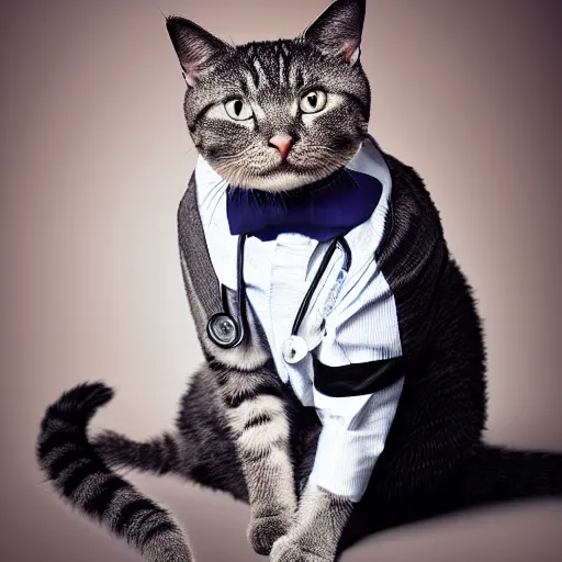 Image similar to cat wearing doctor's attire, studio lighting