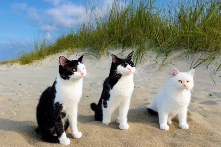 Image similar to cats at the beach and all of the cats are looking directly into the focal point of the camera