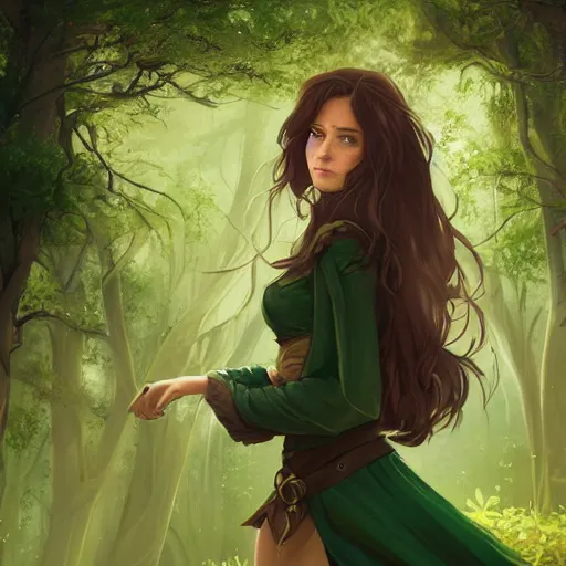 Image similar to portrait of a young beautiful woman with long dark brown hair, green eyes, tan skin, wearing a medieval fantasy outfit, forest landscape, nightime, fantasy, ambient lighting, 4k, anime key visual, charlie bowater, lois van baarle, ilya kuvshinov, rossdraws, artstation