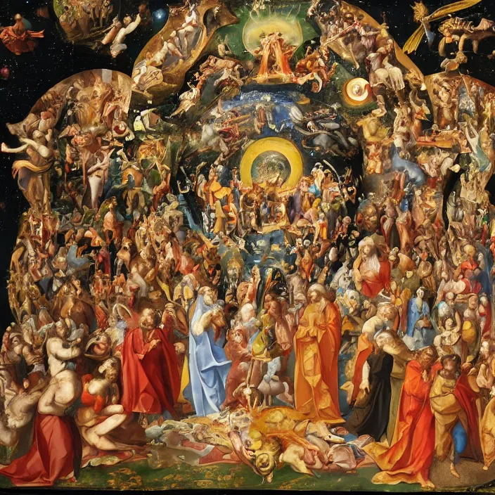 Image similar to the cosmic event at which the unity and the trinity ruptured, creating the false christian god, 16th century painting, unreal engine