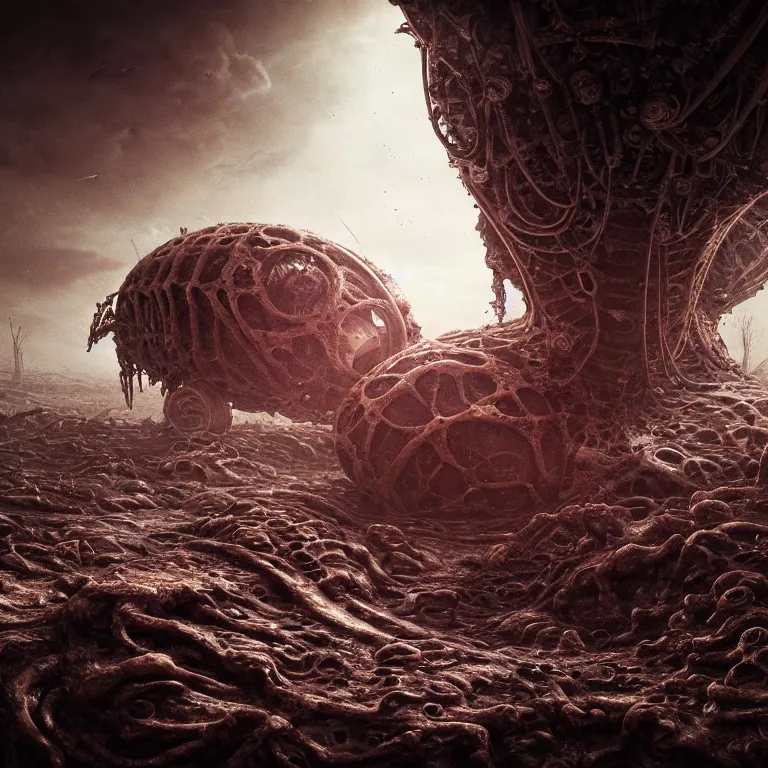 Image similar to portrait of ribbed abandoned biomechanical organic crashed spaceship on exoplanet in a desolate empty wasteland, covered with organic flesh, meat, creepy, nightmare, dream-like heavy atmosphere, surreal abandoned buildings, baroque painting, beautiful detailed intricate insanely detailed octane render trending on Artstation, 8K artistic photography, photorealistic, chiaroscuro, cinematic volumetric light, Raphael, Caravaggio, Beksinski, Giger