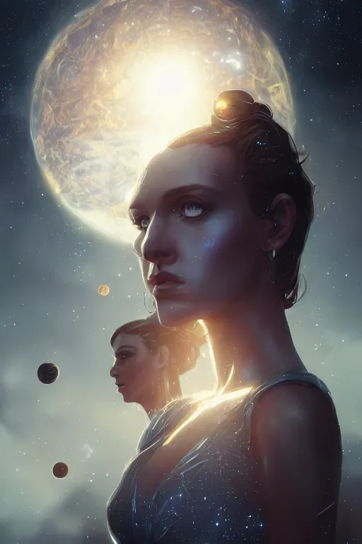 Prompt: a woman, wearing a dress made of stars, rim lighting, dramatic, planets in the background, smooth, sharp focus, very detailed, by greg rutkowski, artstation, tom badshaw, 8 k, symmetrical face