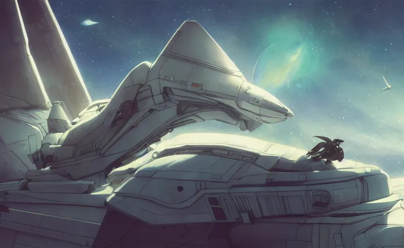 Image similar to alien space cat sleeping on a small fighter spaceship in a spaceport in a star wars inspired studio ghibli animated film, volumetric lighting, octane render by artgerm, greg rutkowski, studio ghibli, thomas kindkade, alphonse mucha, loish, norman rockwel, highly detailed