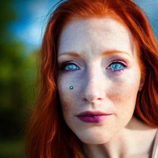 Image similar to close up portrait photo of the left side of the face of a redhead woman with galaxy of stars inside her eyes, she looks directly at the camera. Slightly open mouth, face covers half of the frame, with a park visible in the background. 135mm nikon. Intricate. Very detailed 8k. Sharp. Cinematic post-processing. Award winning photography