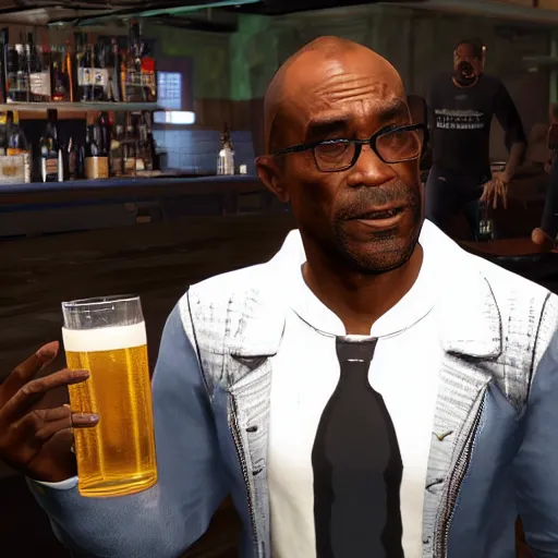 Image similar to Trevor Phillips GTA Wiki drinking a beer in a pub with Black Panther in GTA 5, photorealistic, light rays, masterpiece