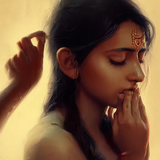 Image similar to Stunning portrait of Beautiful Indian womans face with her hands covering her eyes. Soft render, Greg Rutkowski details, Tears pouring down from her eyes, music album cover, artstation, pixivi