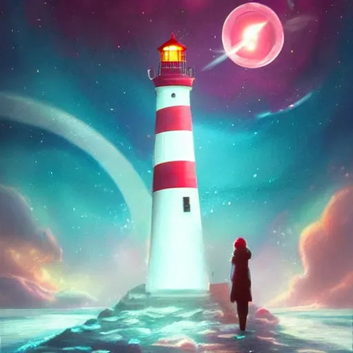 Image similar to lighthouse in space, digital art, artstation, devinart, light colors,