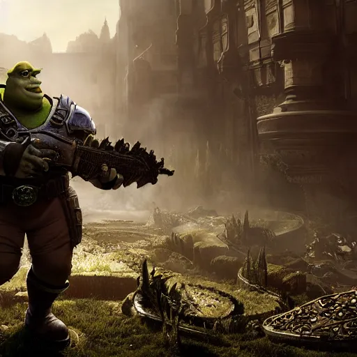 Image similar to Shrek!! as Shrek!! in 'Gears of War', splash art, movie still, cinematic lighting, detailed face, dramatic, octane render, long lens, shallow depth of field, bokeh, anamorphic lens flare, 8k, hyper detailed, 35mm film grain