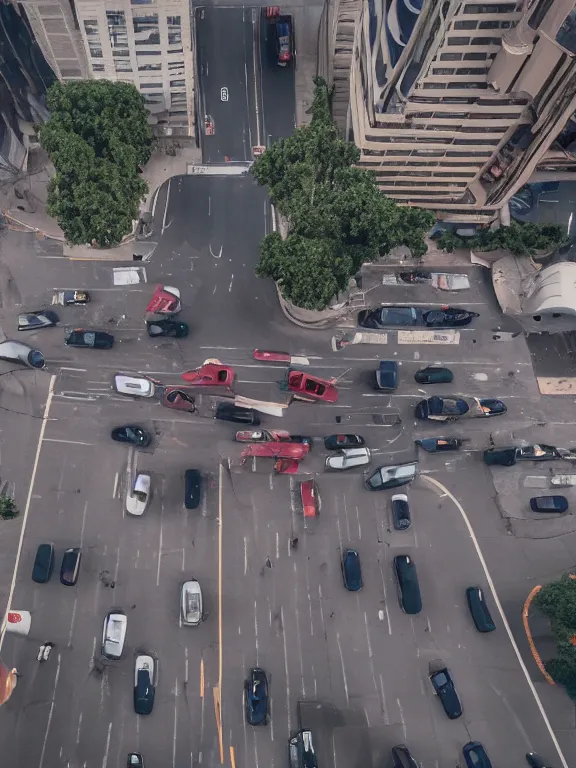 Prompt: traffic blocked by a giant boot. a giant foot stepping down onto the street and blocking cars. drone footage, award - winning photography, photojournalism