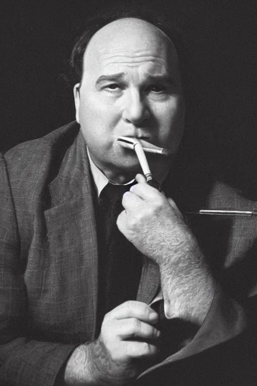 Image similar to portrait photo of george constanza, smoking a pipe, atmospheric