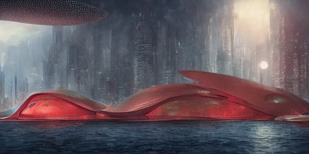 Image similar to An epic architectural rendering of a blob shaped trypophobia house with a mysterious red glow emitting from inside in a modern cityscape next to a river, by Zaha Hadid and Martin Johnson Heade and Greg Rutkowski, stunning, gorgeous, golden ratio, photorealistic, featured on artstation, 4k resolution