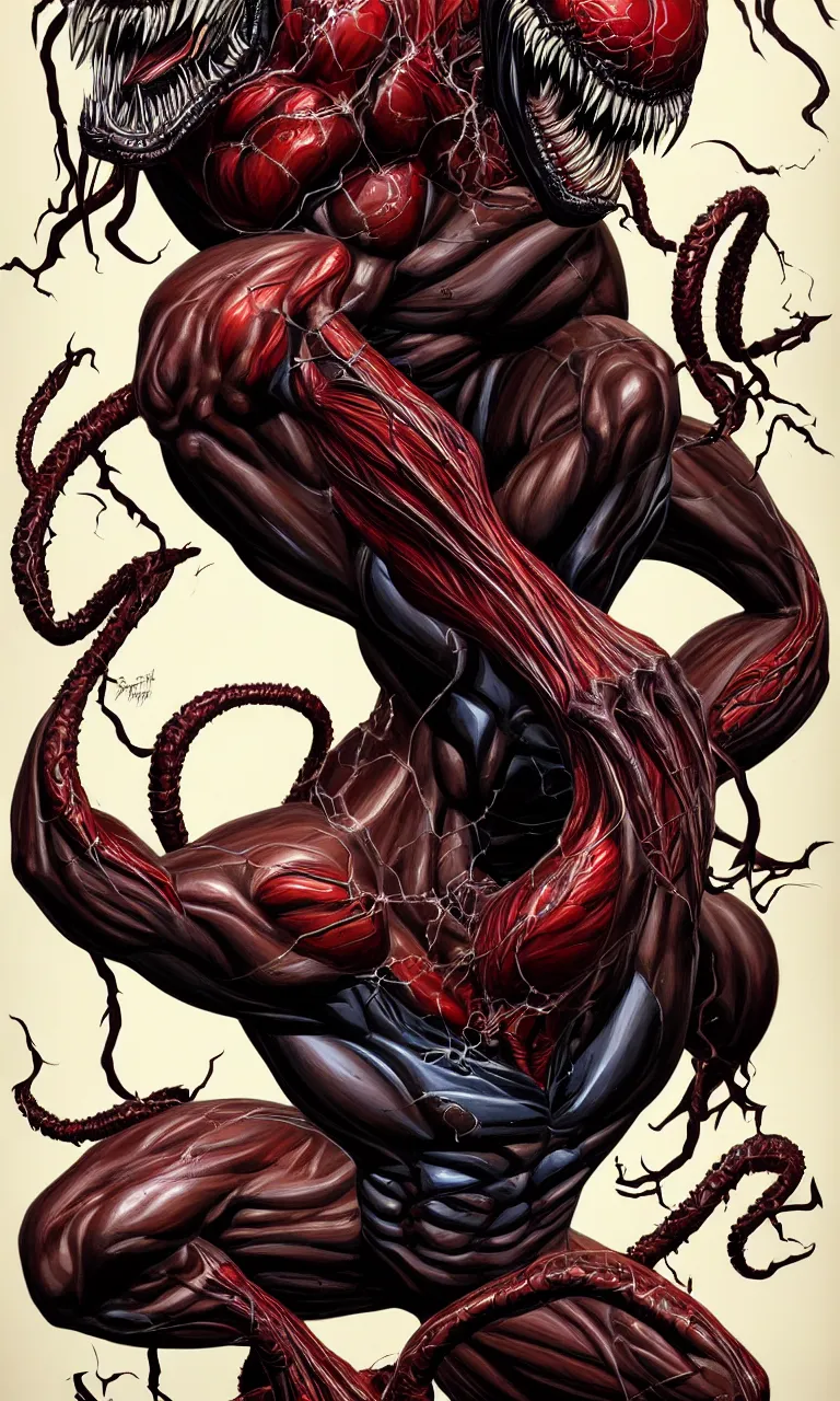 Image similar to anatomically acurate full body long shot venom from marvel comics!!!!, large mouth with teeth, fantasy, intricate, elegant, highly detailed, digital painting, artstation, concept art, matte, sharp focus, illustration, art by glenn fabry