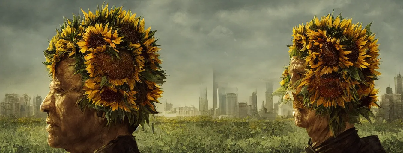 Image similar to old soldiers head being overgrown by sunflowers, Minsk and Moscow in background, dark, eerie, despair, portrait photography, artstation, digital art, adward winning, concept art, artstation, highly detailed, sharp focus, by caravaggio