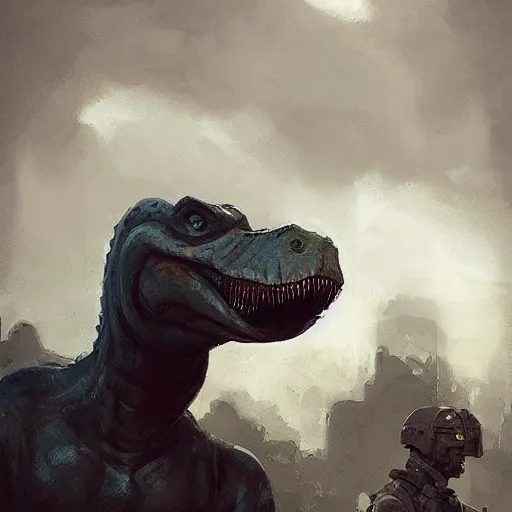 Prompt: portrait of a facist barney the dinosaur, epic, tragic, military art, fantasy, dieselpunk, hd shot, digital portrait, beautiful, artstation, comic style, by artgerm, guy denning, jakub rozalski, magali villeneuve and charlie bowater