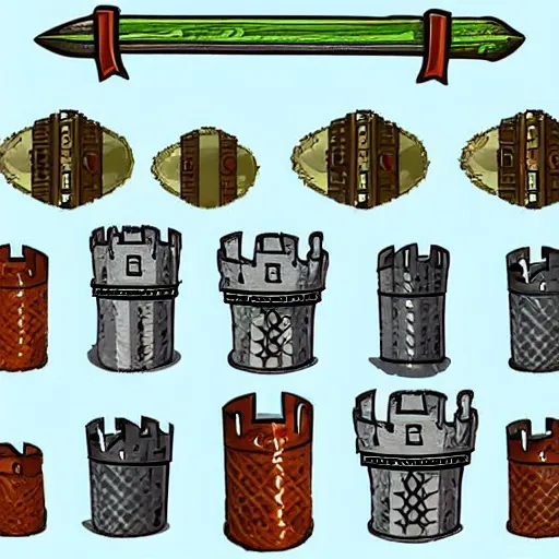 Prompt: 2 d game assets medieval kit knight swords castle