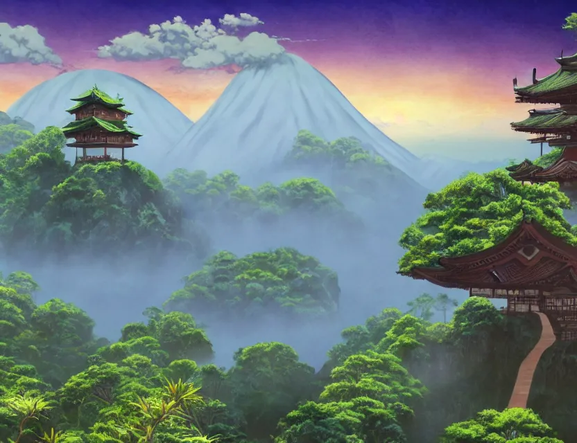 Image similar to a cinematic widescreen photo of a winding path to epic ancient japanese temples with hot springs on the top of a mountain in a misty bamboo cloud forest with colossal waterfalls at dawn by studio ghibli and roger dean, terraced, mystical, trending on artstation