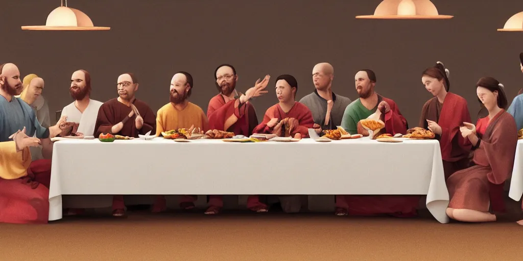 Image similar to hyper realistic photo of the last supper, chinese buffet, octane render