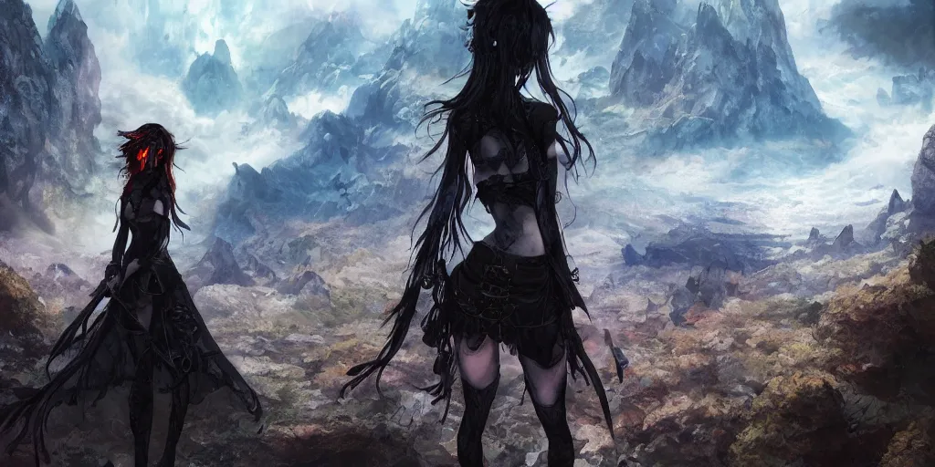 Image similar to goth woman in front of mountain landscape, color page, tankoban, 4 k, tone mapping, akihiko yoshida, james jean andrei riabovitchev marc simonetti, yoshitaka amano, long hair, curly, h. hydrochaeri