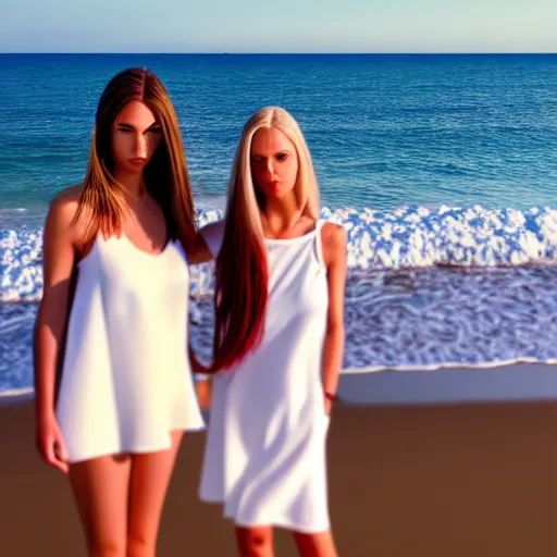 Image similar to a woman standing at the beach with long blonde hair, straight hair, white clothes, standing next to a woman with long dark brown hair wearing red clothes, professional, photograph, highly detailed, beautiful face, elegant, 4k, photorealistic, dramatic lighting, trending on social media,