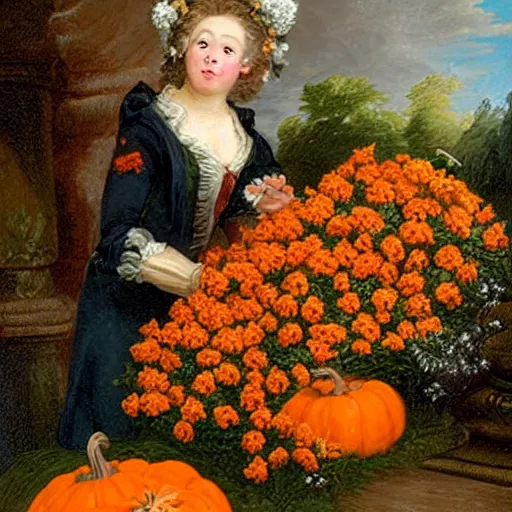 Prompt: A female gardener gets surprised by an avalanche of little pumpkins. high detail. Rococo painting