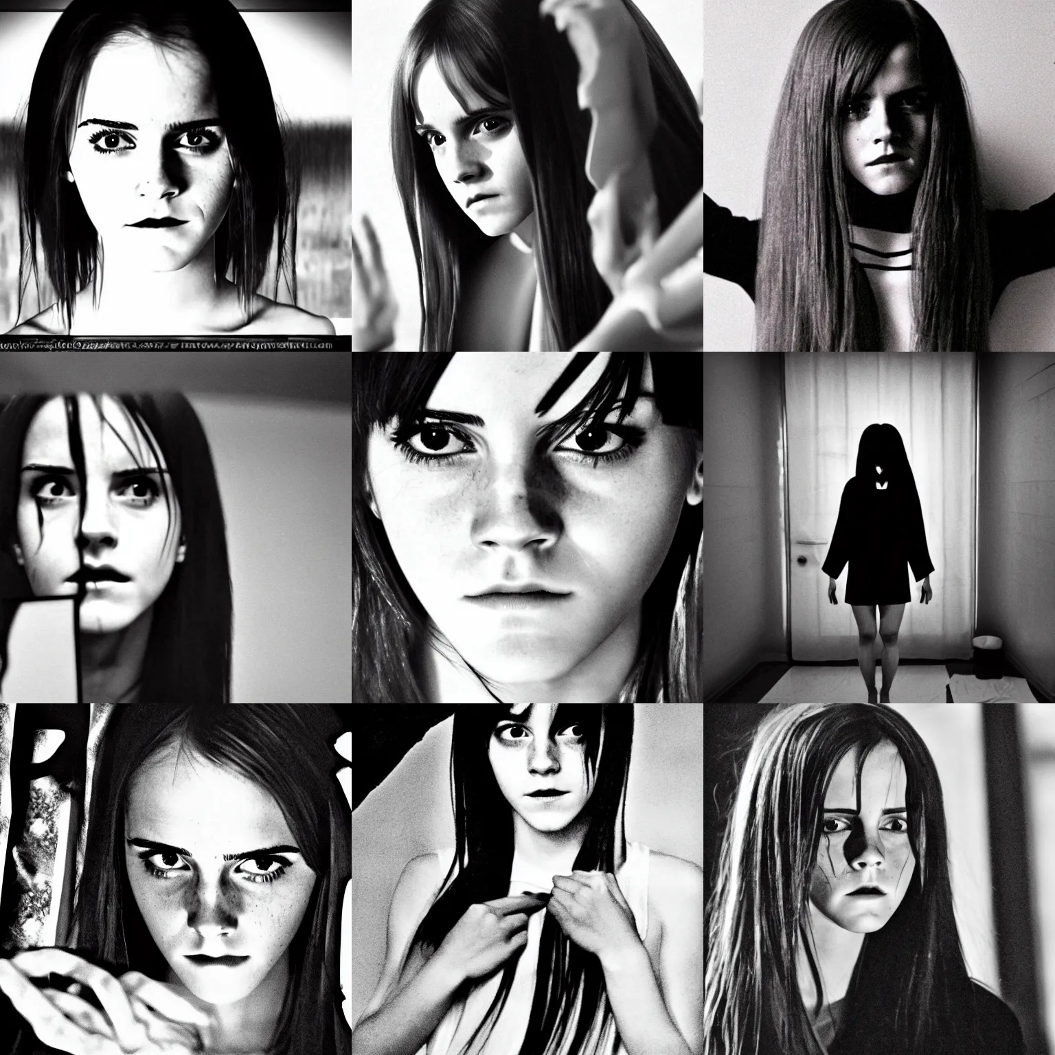 Prompt: emma watson as samara from the ring, the grudge, japanese horror, dark, scary, black and white tape footage, modeling