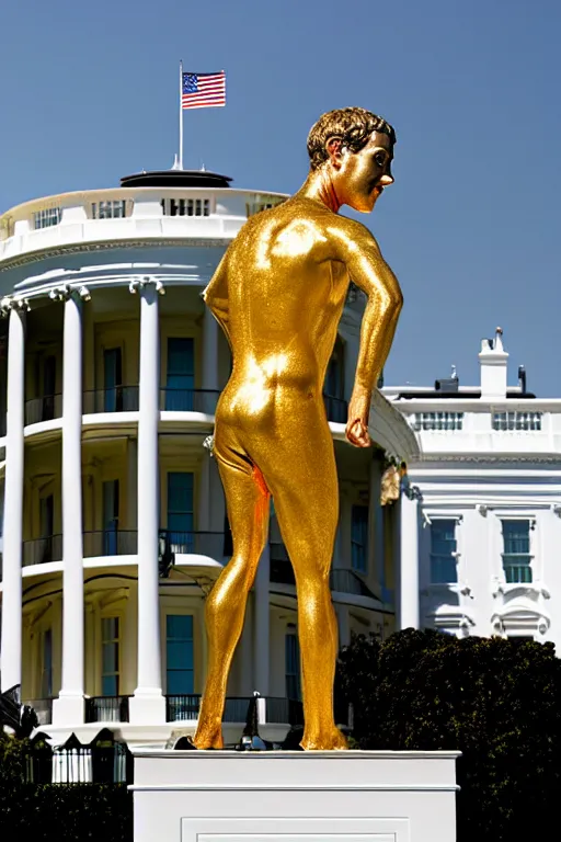 Image similar to A beautiful gold statue of Mark Zuckerberg in front of the White House, photo by Steve McCurry, heroic pose, detailed, smooth, smiling, professional photographer