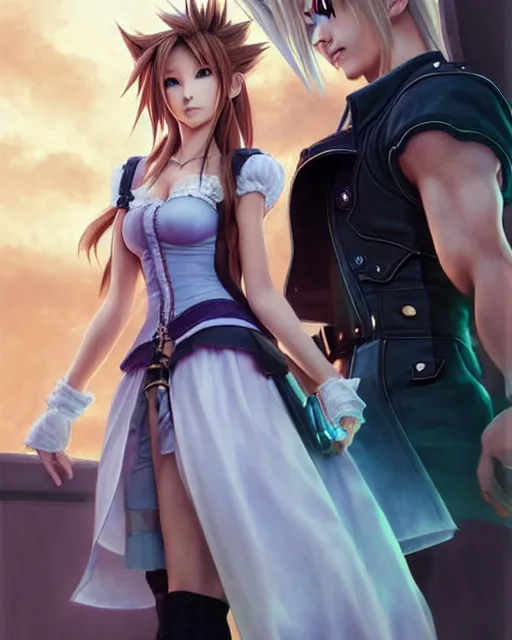 Prompt: character concept art of aerith gainsborough together with cloud strife at gold saucer, istinct - fine, key visual, realistic shaded perfect face, fine details by stanley artgerm lau, wlop, rossdraws, james jean, andrei riabovitchev, marc simonetti, sakimichan, and jakub rebelka, trending on artstation