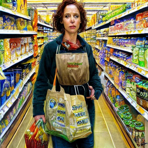 Prompt: portrait of a female survivor in the supermarket, by donato giancola.