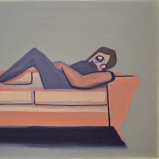 Prompt: a minimalist abstract painting of a charming man reclined on a sofa. 1991. Oil on Panel