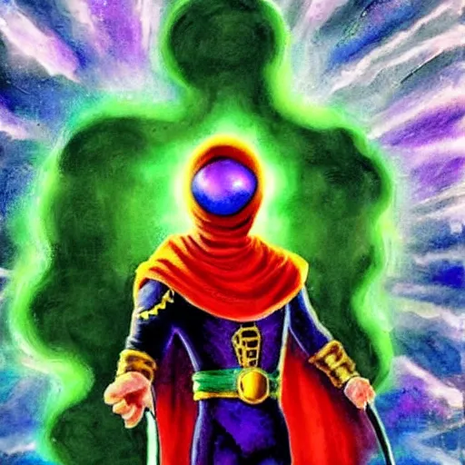 Image similar to Mysterio holding brush, artwork by Bob Ross,