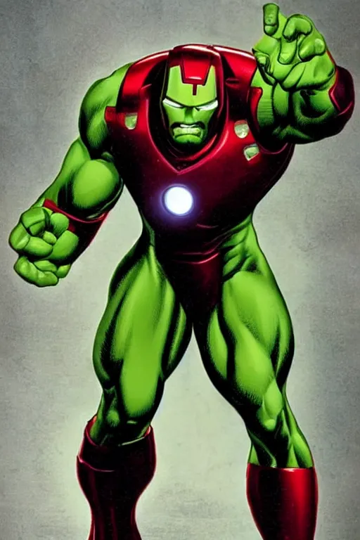 Image similar to a cross between iron man and hulk