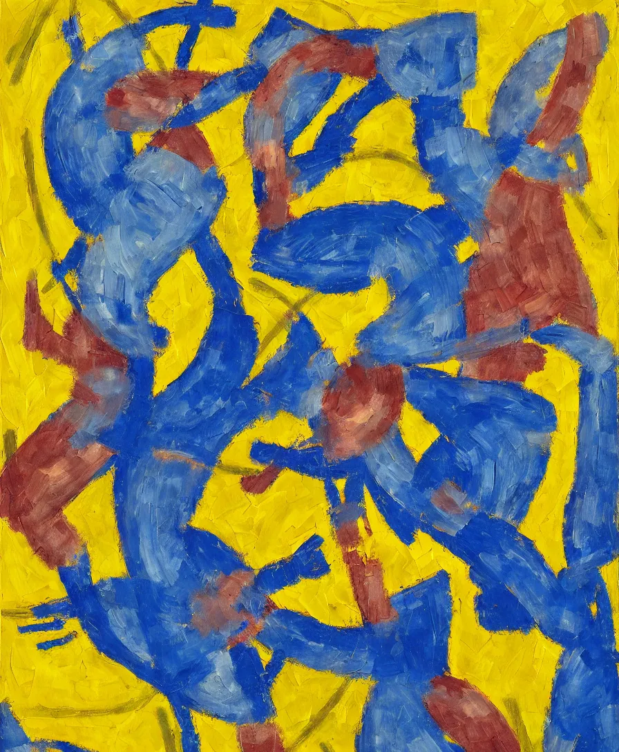 Image similar to a warrior with a blue - yellow flag defeats satan, expressive abstractionism, many small saturated hard relief strokes of oil on canvas with high detail