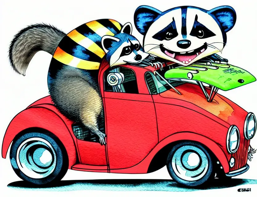 Image similar to cute and funny, racoon riding in a tiny hot rod coupe with oversized engine, ratfink style by ed roth, centered award winning watercolor pen illustration, isometric illustration by chihiro iwasaki, edited by range murata