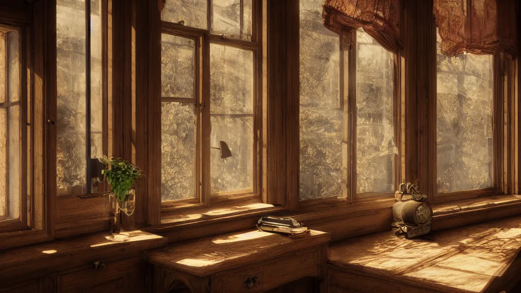 Prompt: one violin on an antique wooden desk in a richly decorated Victorian house, beautiful reflexions, detailed wooden table, photorealistic, photorealism, the autumn light comes in through a window, diffuse light, octane render