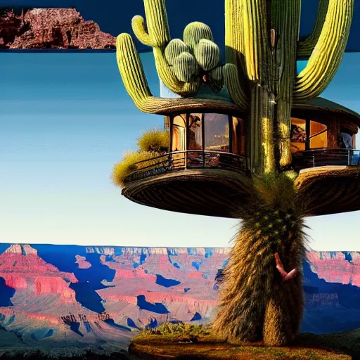 Prompt: fancy treehouse mansion built in a giant cactus on top of plateau overlooking grand canyon detailed 4 k digital painting