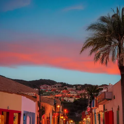 Image similar to a very high quality photo of a beautiful hispanic town during sunset