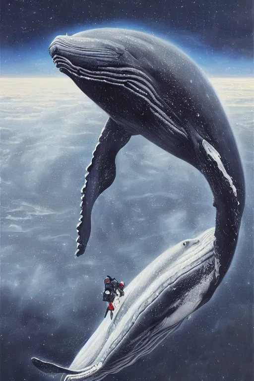 Prompt: whale astronaut, oil on canvas, intricate, portrait, 8 k highly professionally detailed, hdr, cgsociety