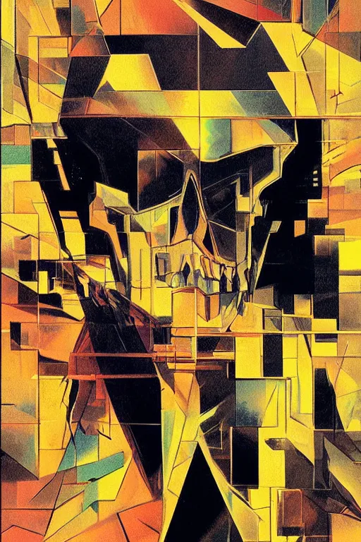 Prompt: wideangle, a portrait of a shattered skull, madness, decoherence, synthwave, glitch!!, fracture, realistic, hyperdetailed, concept art, golden hour, art by syd mead, cubism