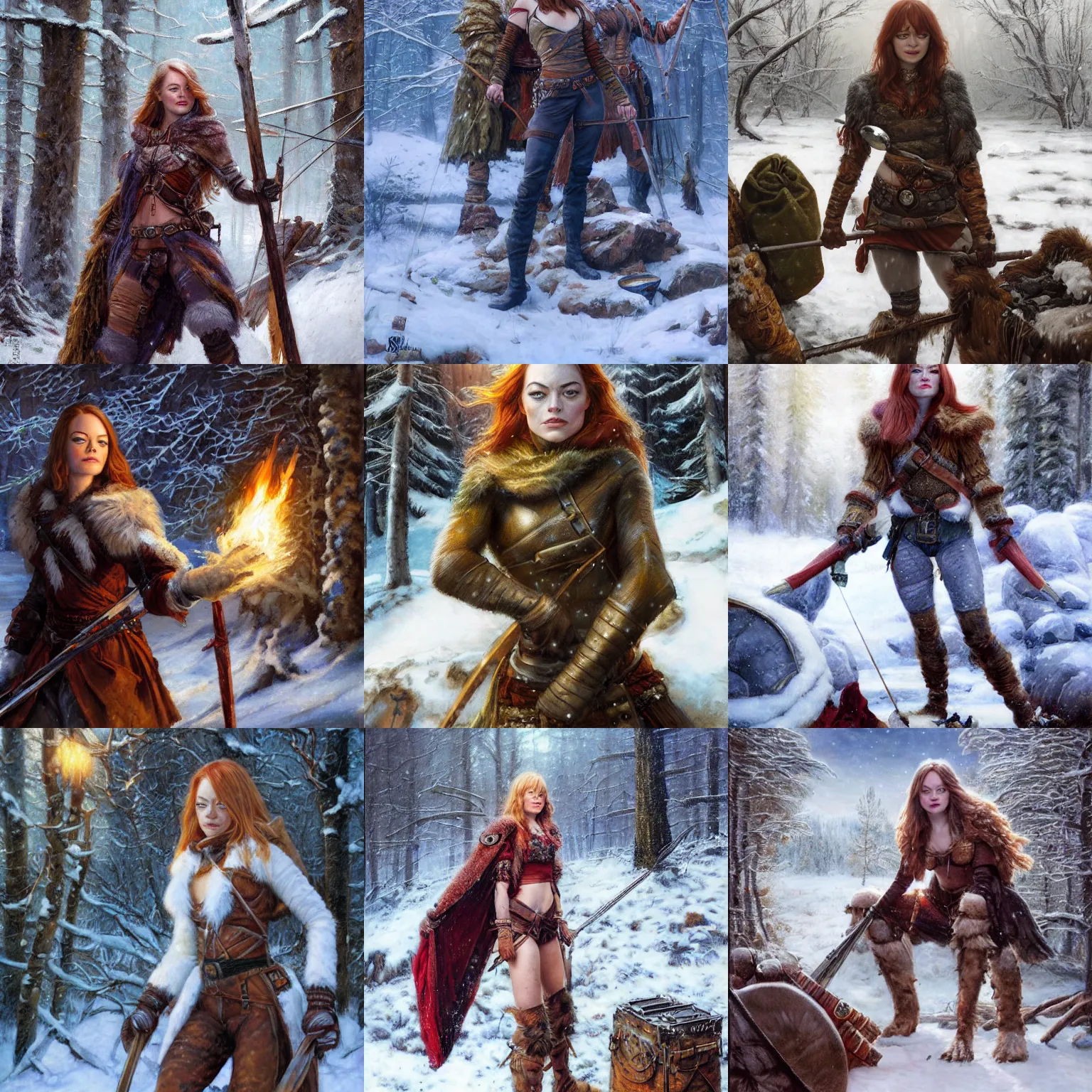 Prompt: portrait of Emma Stone as a muscled warrior setting up camp in warm clothes, snowy winter scene, Donato Giancola, Mark Brooks, Ralph Horsley, Charlie Bowater, Artgerm, Christopher Balaskas, Bastien Lecouffe-Deharme, Boris Vallejo