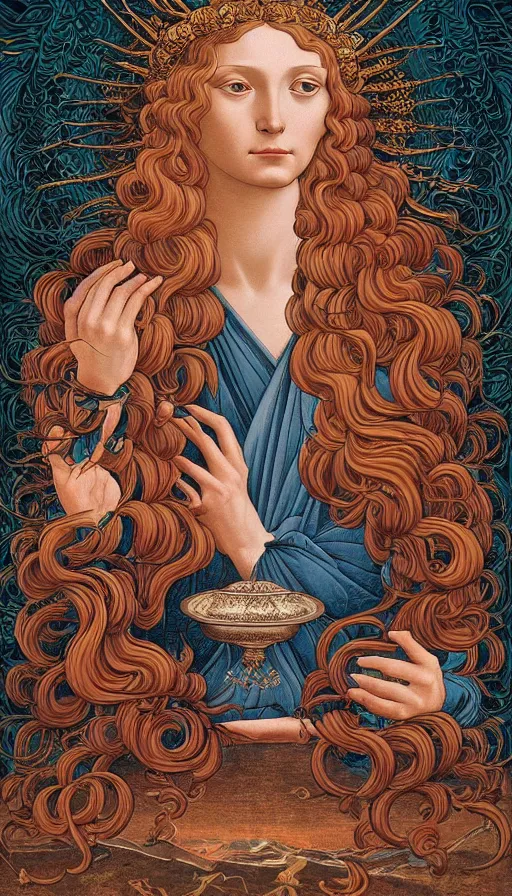 Image similar to The oracle of ancient wisdom, Botticelli, da vinci, Dan Mumford, Josan Gonzalez