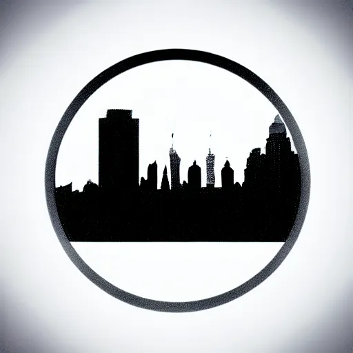 Image similar to a perfect circle, the outer edge of the circle is hugged by the silhouette of a city skyline, black and white, minimalist, in the style of a line drawing