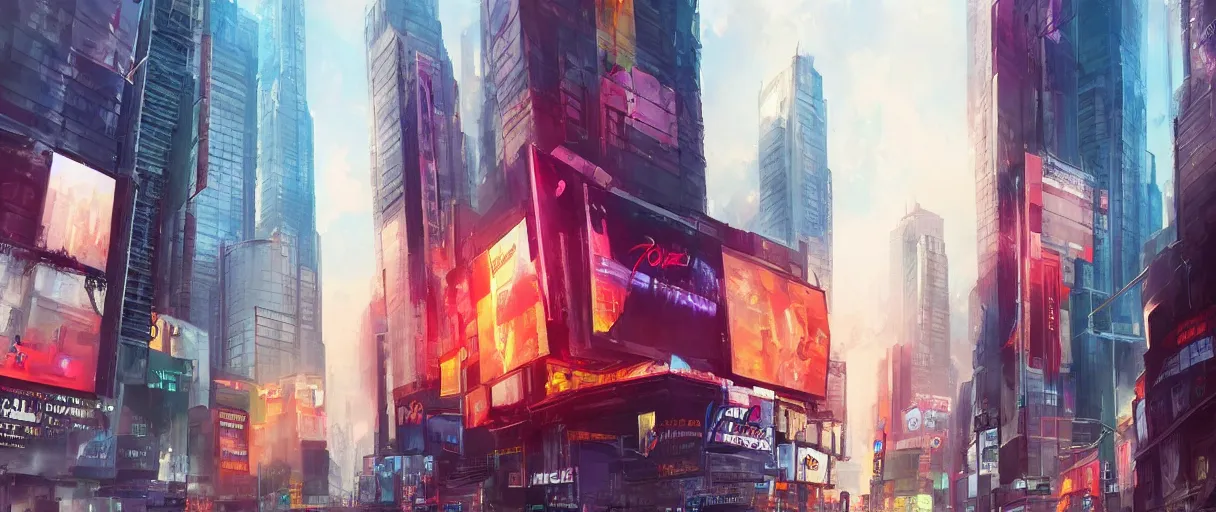 Image similar to huge modern downtown city, billboards, Times Square, concept art, digital painting, style of jordan grimmer, warm lighting, futuristic, volumetric lighting, view from below, vivid colours, bright, daytime, godrays , high detail