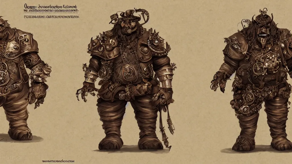 Image similar to a steampunk fantasy ogre character design sheet, trending on artstation