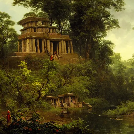 Image similar to aztec temple in the jungle overgrown with vegetation, painting by andreas achenbach